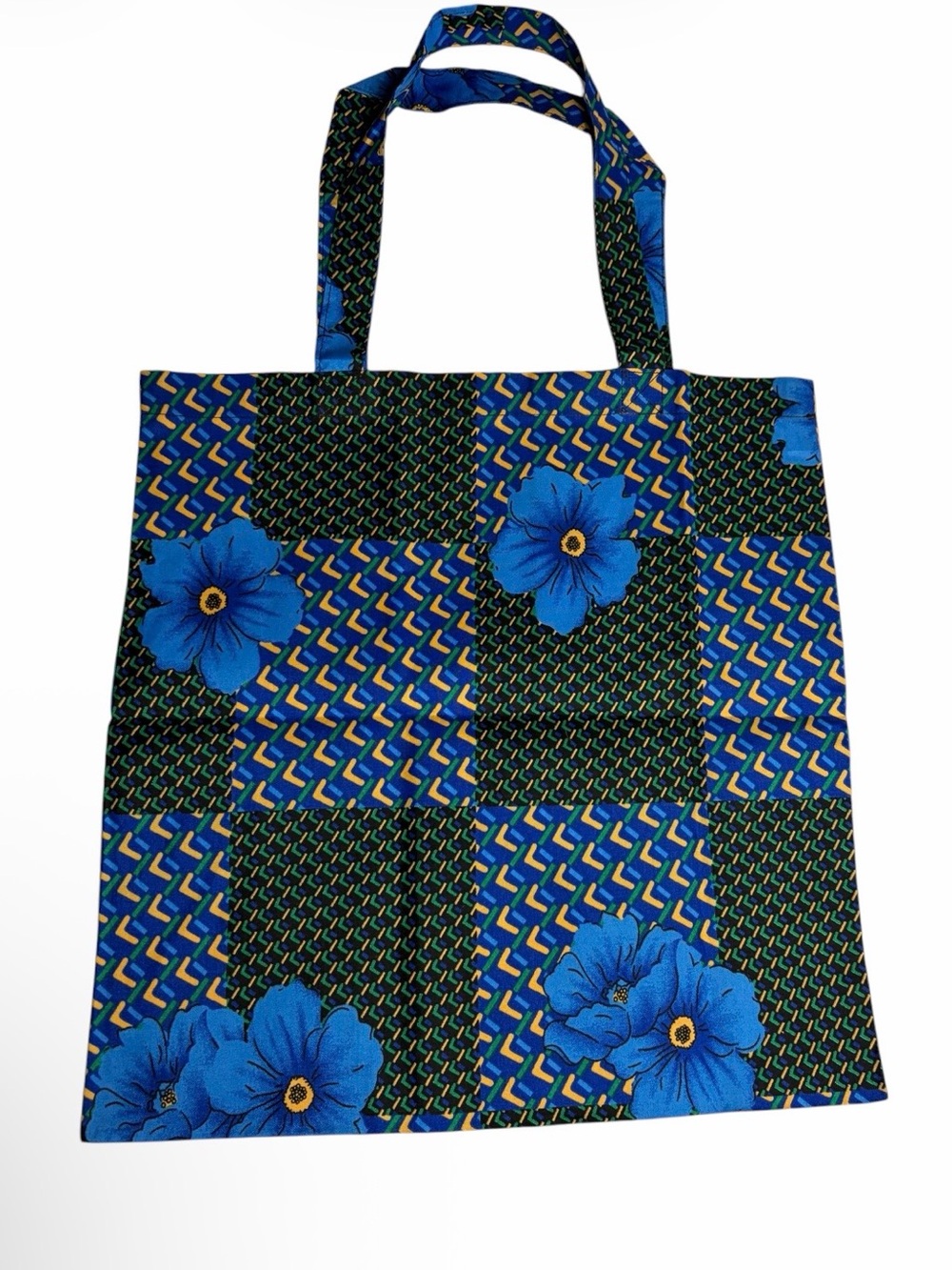 NWT Omotola blue & mustard floral geometric mixed pattern fabric bag